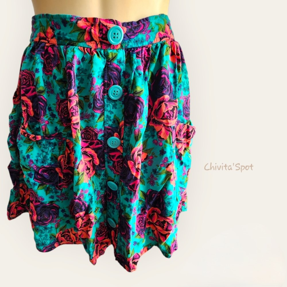 Frenchi Jade & Coral Button Front Skirt Size S